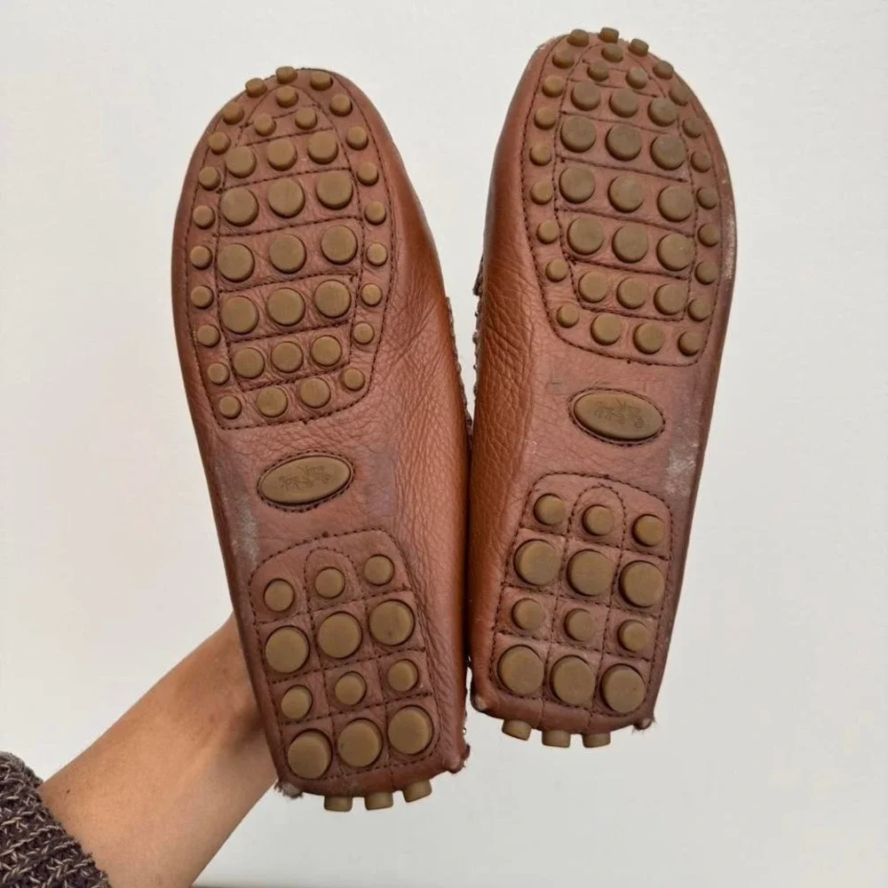 Coach Brown Leather and Gold Stud Flats‎ tassel fringe 5.5 loafer
